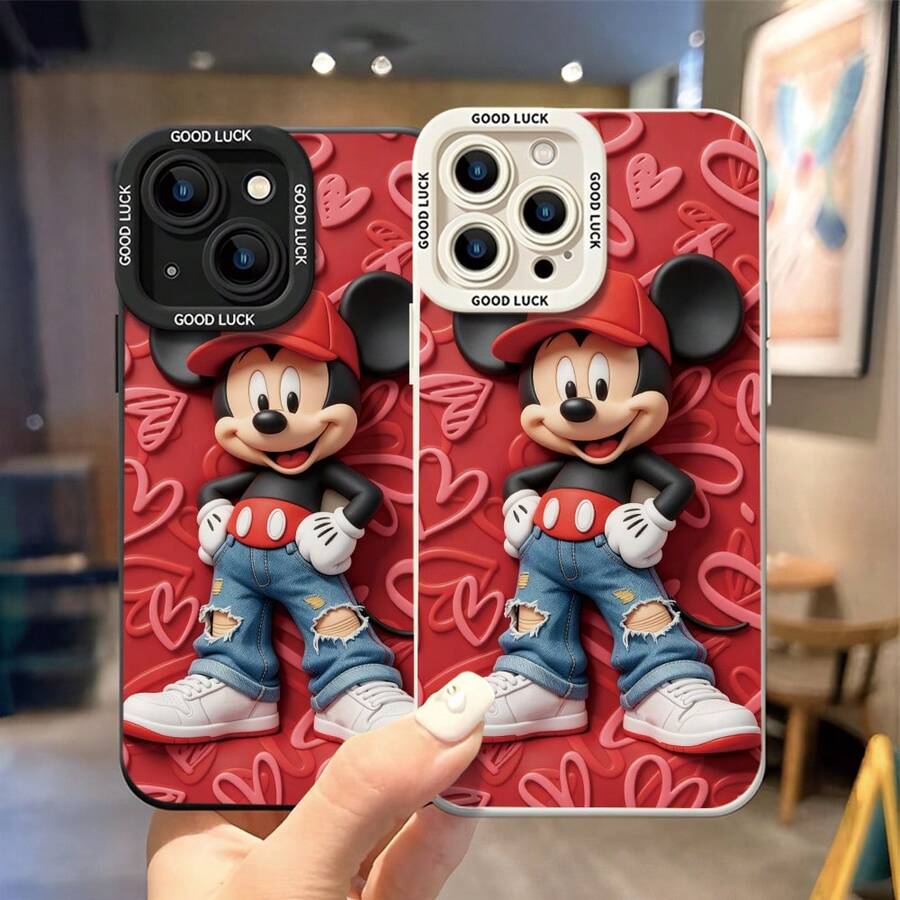 Disney Mickey Mouse Phone Case, Streetwear Style Protective Cover. Compatible With IPhone 17, 16, 15, 14, 13, 12, 11 Pro Series And Galaxy S22, S23, S24, S25 Models, Featuring Mickey In A Red Cap, Ripped Jeans, And Sneakers Against A Red Heart-Pattern Background, Perfect For  Disney Lovers, Ideal For Birthdays, Holidays, Anniversaries, Graduation Gifts, Or Any Special Occasion To Surprise Family, Friends, Classmates, And Loved Ones. - màu đen - Xem 1