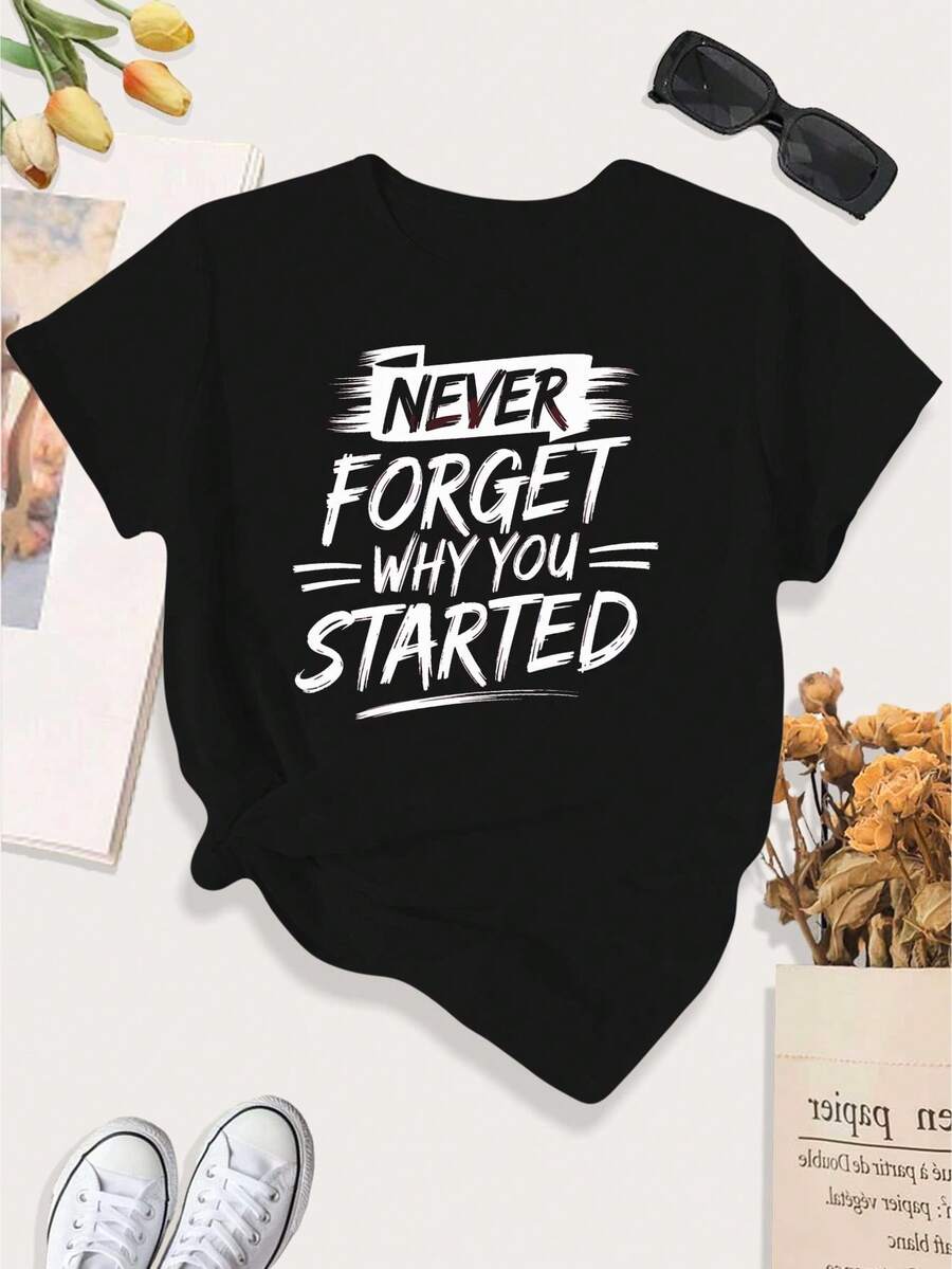 [Print Design]Women's Large Size Motivational "Never Forget Why You Started" Gym T-Shirt - Casual Round Neck Athletic Top With Fitness Slogan, All-Season Comfortable Workout Shirt For Plus Size Exercise & Casual Attire[Suitable For Leisure And Sports Activities] - Multicolor - View 1
