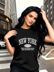 Soft 100% Cotton Letter Print T-Shirt, Breathable And Fashionable, For Family Trips, Campus, Casual Wear, Everyday Wear, Sister Sets, Versatile T-Shirt 5814, Breathable Cotton T-Shirt, Goes With Everything. - 黑色 - 查看 4