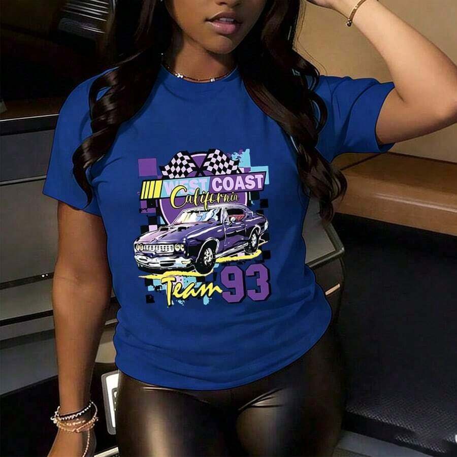 Camiseta de Mujer con Estampado de Coche Morado - Manga Larga, Cuello Redondo, Elástica, con Estampado de Lema Navideño para Uso Festivo. Camiseta Casual de Manga Corta con Cuello Redondo y Hombros Caídos para Mujer, para Uso en Verano. - Azul - Ver 1