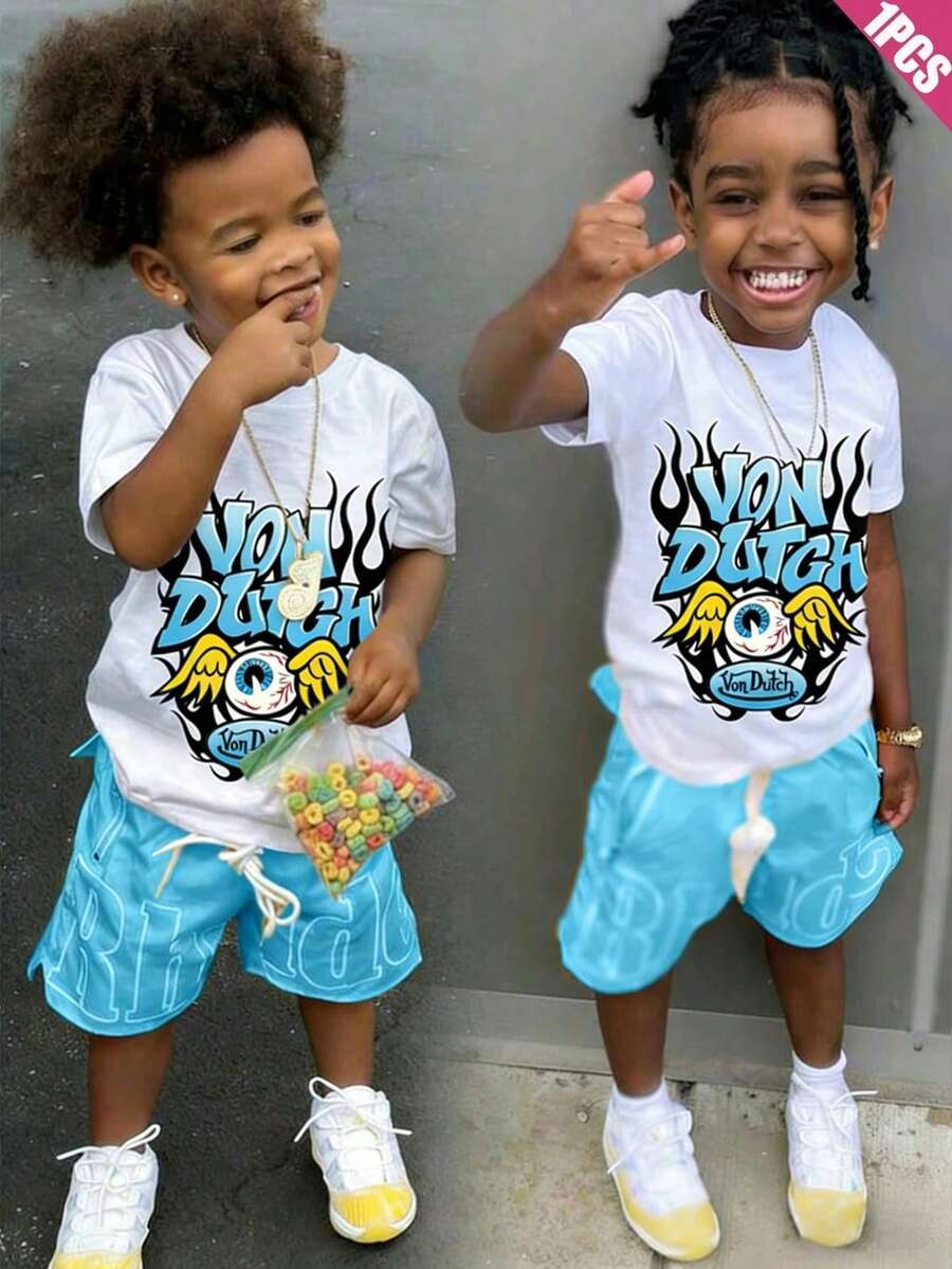 Boys & Teens' Casual Graphic Print Round Neck Short Sleeve T-Shirt, Summer Top - 白色 - 查看 1