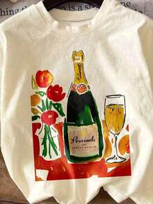 Camiseta de manga corta con cuello redondo y estampado de botella de champán, talla grande, ajuste regular de tela elástica de alta calidad para looks casuales de moda,Camiseta Gráfica Vintage Oversized Mujer Algodón - Albaricoque - Ver 4