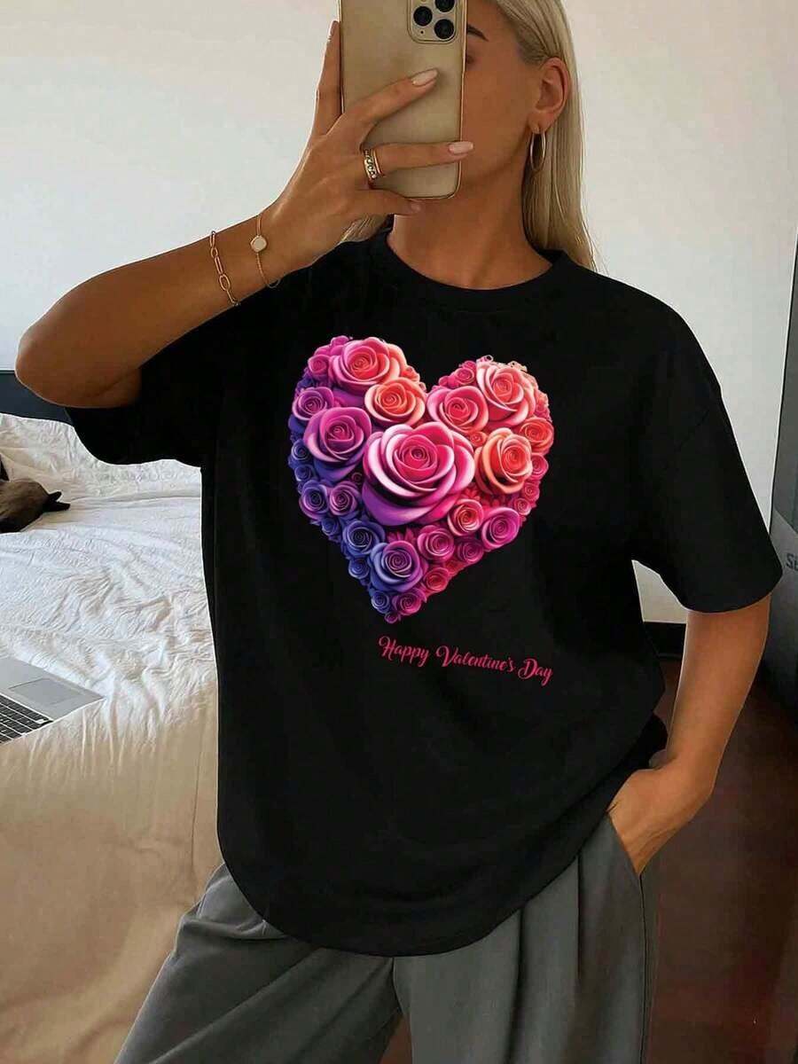 1 Camiseta de Mujer Cómoda y Colorida de 180g, 100% Algodón - Top Casual Negro de Manga Corta y Cuello Redondo, Estampada con Corazones de Rosas Rosas y Moradas y el Patrón "Feliz Día de San Valentín", Recomendada como Regalo para el Día de San Valentín, Transpirable y Adecuada para Todas las Temporadas, 180g 100% Algodón - Negro - Ver 1