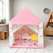 Large Size Warm Pink + Beige Smiling Face Theme Playhouse Tent With Portable Storage Bag | Realistic House Castle Design Portable Play Tent For Indoor And Outdoor Fun, Imagination Games | Best Toy And Gift For Boys, Girls, Toddlers | Foldable Castle + Storage Bag For Kids (Single Tent, No Lights) - Coral Pink - View 2
