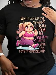 Plus Size - Women's Plus Size Gymnast Graphic Tee - Inspirational Design "I Wish I Could Leave My Body At The Airport And Get A Call To Pick Me Up." Casual Crew Neck, Short Sleeves, All-Season Clothing, Shirts. - 黑色 - 查看 6