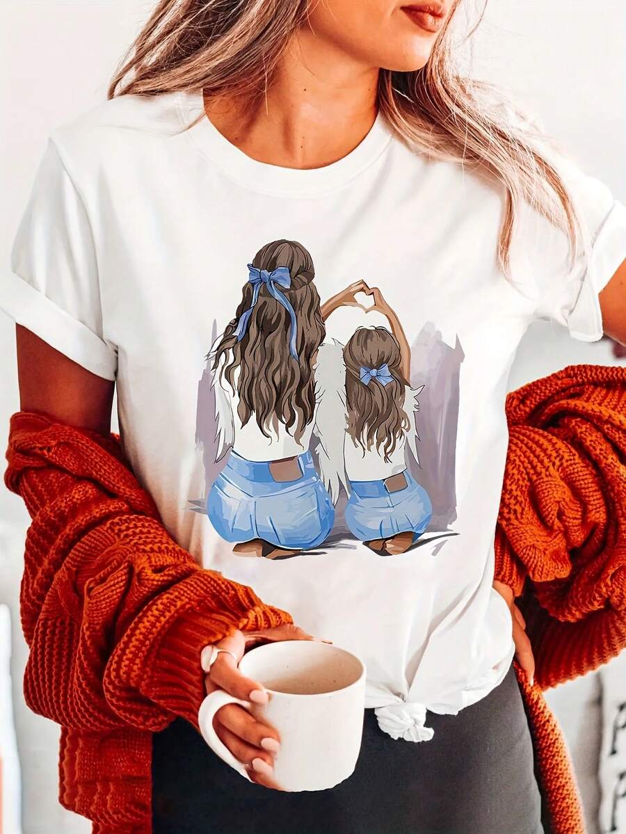 Women's Casual T-Shirt With Mother And Daughter Heart And Handprint Print - Short Sleeve, Round Neck, Semi-Sheer Top, Machine Washable, Comfortable Fit For All Seasons, Ideal For Casual Outfits, Spring Clothes, Heart Motif Design, Breathable Fabric - 白色 - 查看 1