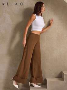 Pantalones anchos de pierna ancha de estilo palaciego bohemio vintage, de alta gama, de jacquard azul marino lavado, para mujer, adecuados para volver a la escuela, Año Nuevo, fiestas, uso diario y vacaciones - Marrón - Ver 5