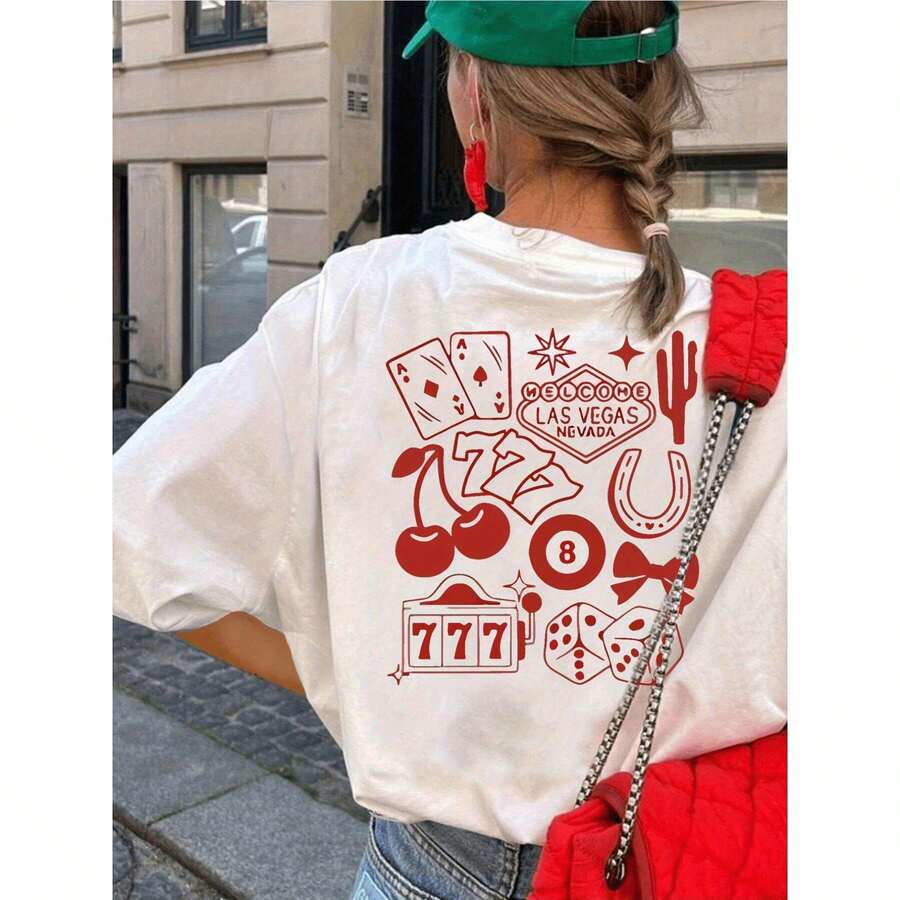 Women's Graphic T-Shirt "Welcome To Fabulous Las Vegas Nevada" - Casual Short Sleeve Crew Neck T-Shirt, Vegas Theme Design In Red And Black, Ideal For Spring And Summer, Casual Clothing With Fun Print And Comfortable Fit - 白色的 - 查看 1