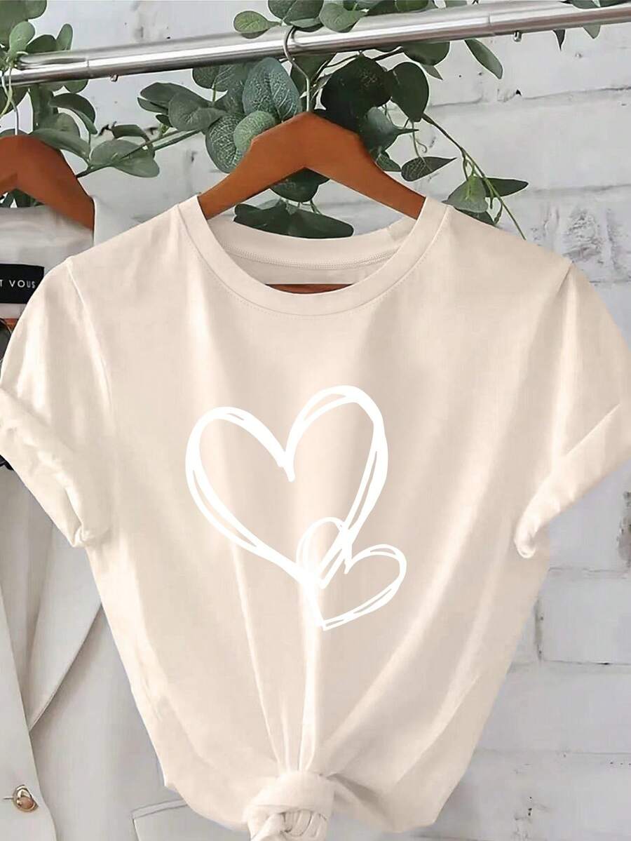 Plus Size - Plus Size - White Day, Exquisite Heart Design, Elegant Short Sleeve T-Shirt With Round Neck Print, Plus Size Women's Clothing, Women's Apparel - 杏色 - 查看 1