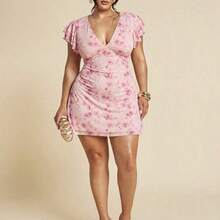 Plus Size Women Elegant Floral Mesh Printed Tight Fitted Deep V-Neck Dress, Slimming, Arm Flattering, Beach Outfit For Women,Airport Outfit Women,Festival Outfits Women,Graduation ,Women Summer Clothes,Going Out Tops Women,Rave Outfits,Club Outfits Women Sexy,Birthday Outfits For Women,Western Wear Women,Wedding Guest Dress Women,Summer Dresses For Women,Holiday Outfits,Vacation Outfits Woman,Pink Dress,Valentine's Day,Valentine Outfits For Women - Rosa vieja - Ver 6