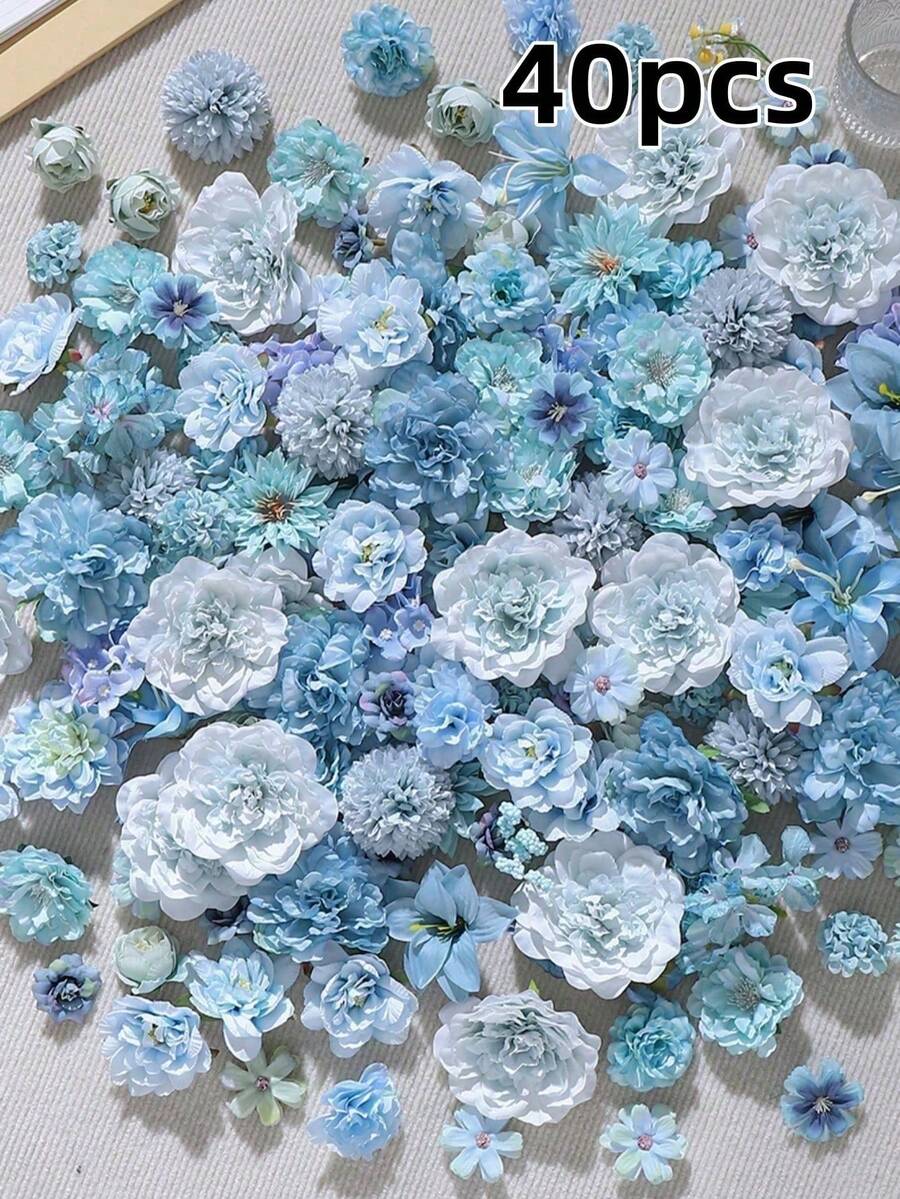 40件蓝色人造花材套装 - 仿真花，可用于DIY头饰、花环制作、婚礼花艺。适用于花环制作、节日及生日派对装饰、新娘腕花、家居及花店装饰、园艺、母亲节装饰，全年皆可使用。