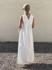 Vestido de mujer con escote profundo en V, hombros ahuecados y nudo floral, adecuado para vacaciones en la playa con estilo bohemio - Blanco - Ver 3