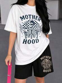 1 pieza de conjunto de dos piezas para mujer con estampado de mariposa Motherhood, ropa de verano para mujer, casual, transpirable, ligera, para uso diario, 180g, 100% algodón. - Negro - Ver 8