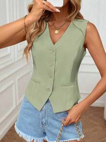 Chaleco sin mangas elegante y casual para uso diario en verano para mujeres - Verde - Ver 5