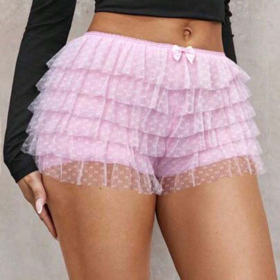 Plus Size Women's Fashion Sexy Street Teen Girls Polka Dot Lace Ruffle Trim Low Waist Mini Shorts, Ballet Style, Suitable For Everyday Wear, Western Wear, Cruise Attire, Music Festival, Concert, Carnival Party, Beach Vacation, Date Night, Birthday, Bachelorette Party, Club, Cute, Casual, Shopping, Streetwear, Going Out, Easy To Match & Looks Slim, Accent Your Body, Flatter The Figure Mini Short Micro Short - Rosa Pálido - Ver 1