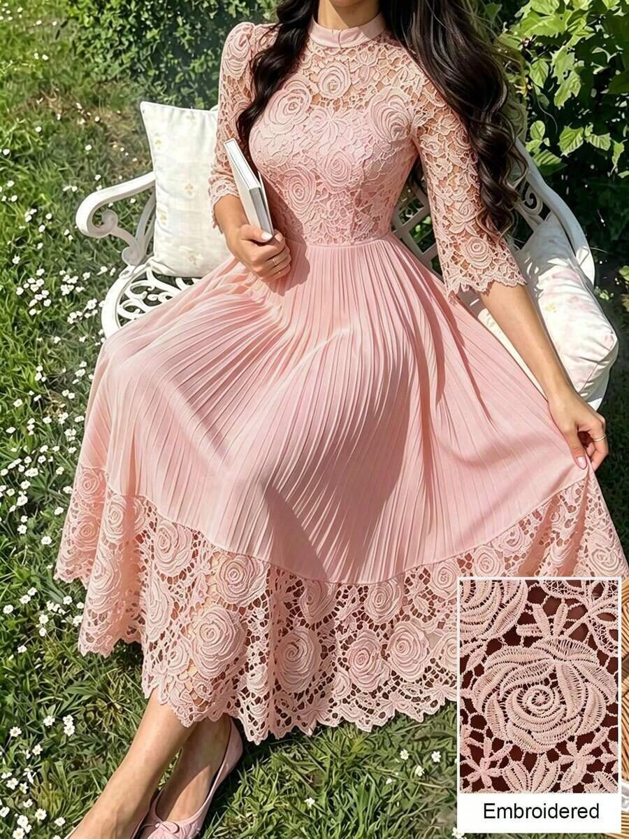 Vestido largo de manga larga con parches de bordado de ojal amarillo para mujeres - Rosa - Ver 1