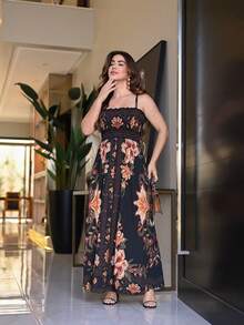 Women's Long Beach Dress With Tie Straps, Summer Casual Style, Floral And Coconut Tree Print, Bohemian Tropical Style, Thin Straps And Drawstring. - 藕粉色 - 查看 2