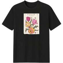 Una camiseta de manga corta para mujer con estilo retro americano, de corte holgado y con diseño estampado (los pantalones son solo para sugerencias de estilo). Esta pieza sencilla y elegante presenta un patrón de letras impresas con temática tropical, lo que la convierte en un elemento imprescindible para crear un look relajado de vacaciones, perfecto para ocasiones como el Día del Trabajo y el Día de la Independencia de México. - Negro - Ver 2