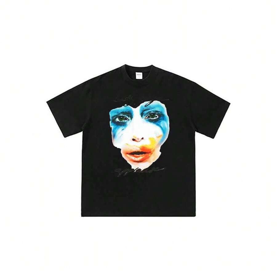 Ladys-Gagas-Applauses-Single-Artwork Vintage 90s Anime Cartoon Print Tee Unisex Short Sleeve Casual Loose Fit Top - 黑色 - 查看 1