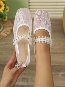 Giày búp bê Mary Jane ren trắng phối lưới dành cho nữ, quai ngang bằng vải tuyn, mũi vuông, thoáng khí, thích hợp cho cô dâu. - trắng - Xem 5
