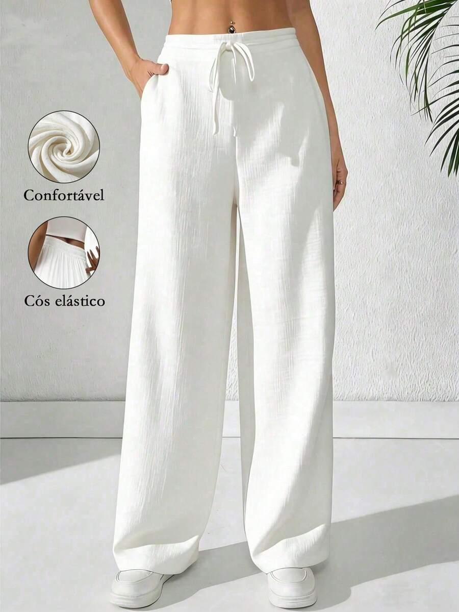 Women's Linen Palazzo Pants, Adjustable Waist With Drawstring, Side Pockets, Casual And Breathable For Vacations - 白色 - 查看 1