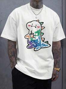 Camiseta de manga corta para hombre con estampado de dinosaurios de colores, 100 % algodón, cómoda e informal - Blanco - Ver 1