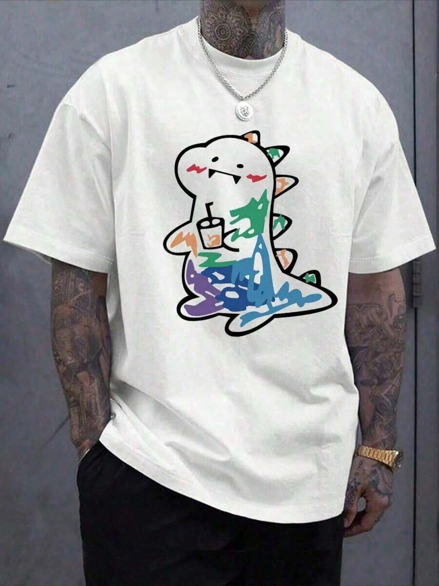 Camiseta de manga corta para hombre con estampado de dinosaurios de colores, 100 % algodón, cómoda e informal - Blanco - Ver 1