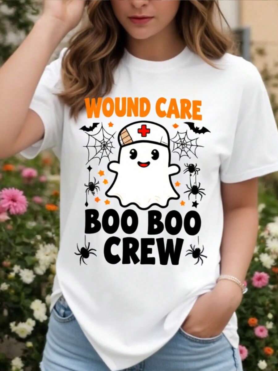 White Wound Care Boo Boo Crew & Wound Care Logo T-Shirt - Disfraz de Halloween con tema lindo o camiseta casual, manga corta transpirable cuello de la tulación para enfermeras, diseño amigable (lavable en máquina)