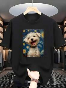 Camiseta de manga corta ligera y transpirable para hombre - Estampado artístico con temática de cachorros, cuello redondo informal, perfecta para viajes, verano y playa, uso diario, elegante camiseta de verano con estampado divertido, tela Y2k, camiseta. - Negro - Ver 10