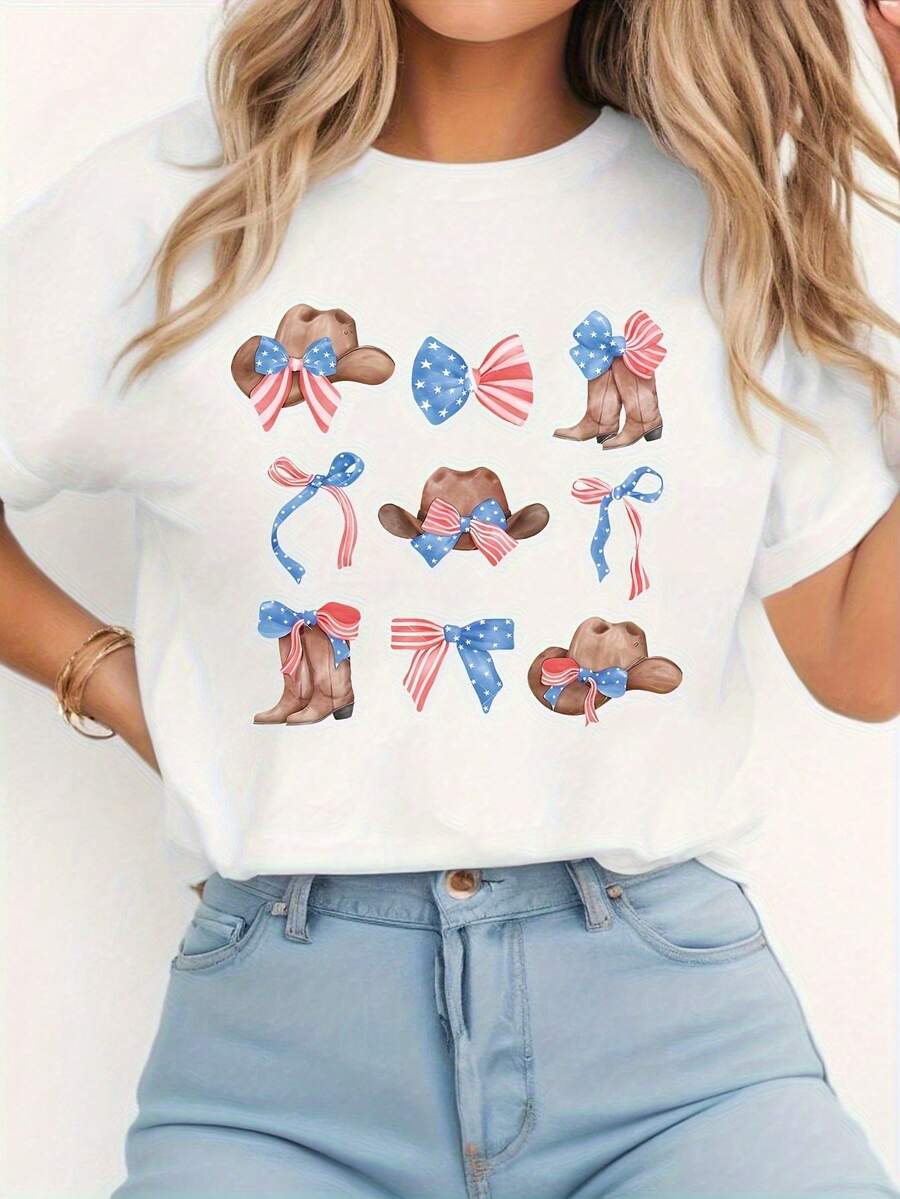 Camiseta Patriótica para Mujer con Estampado de Vaca y Lazo en Rojo, Blanco y Azul - Camiseta Gráfica para el Día de la Independencia, Manga Corta, Cuello Redondo, Corte Holgado, Lavable a Máquina, Tela de Elasticidad Media para Uso Casual en Primavera y Verano, Ropa para el Día de la Independencia, Camiseta de Ajuste Cómodo, Atuendo Festivo, Camiseta Elástica, Top Estampado, Camiseta Y2k para Amantes de los Festivales. - Blanco - Ver 1
