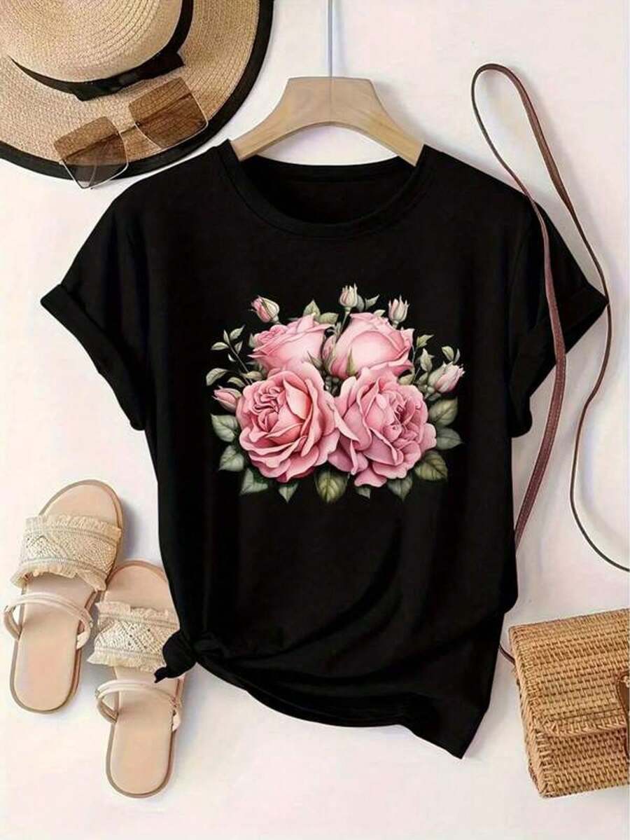 Camiseta de mujer de manga corta con cuello redondo, estampado de rosa rosa, estilo europeo y americano, talla S, cómoda de aodón