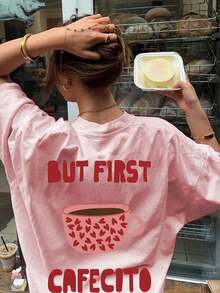 Camiseta de verano para mujer de manga corta con un divertido estampado de corazón y taza de café, cuello redondo, color rosa, estilo casual y versátil. - ¿Dónde estás? - Ver 11