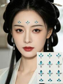1pc Blue-Green Hanfu Style Rhinestone Forehead Sticker, Self-Adhesive, High Sparkle Cut, Suitable For Ancient Costume Photoshoot, Stage Performance And Oriental Makeup - Blue - View 2