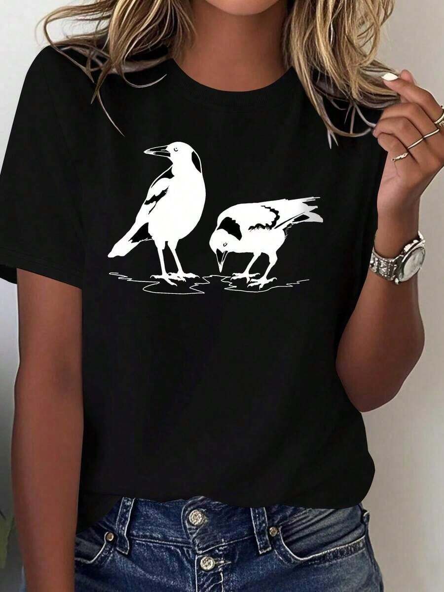 Solt 1 Piece Unisex Size. Women's Plus Size Summer Cotton T-Shirt. Women's Bird Australian Magpie Pure Graphic Print T-Shirt, Comfortable And Versatile, Casual Short Sleeves. Sweat-Wicking Material, Soft And Skin-Friendly. 100% Cotton With Graphic Print - 黑色 - 查看 1