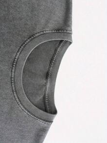 Camiseta de manga corta con cuello redondo, diseño de flor de escorpión estampado, estilo retro urbano, holgada, básica, estilo hip-hop, para hombre y mujer, para otoño y verano, con efecto lavado antiguo. - Gris - Ver 2