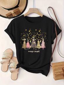Women's Short Sleeve Cotton T-Shirt, Brightly Colored Merry Christmas Print T-Shirt, Casual Sweatshirt, Women's T-Shirt - 黑色 - 查看 1