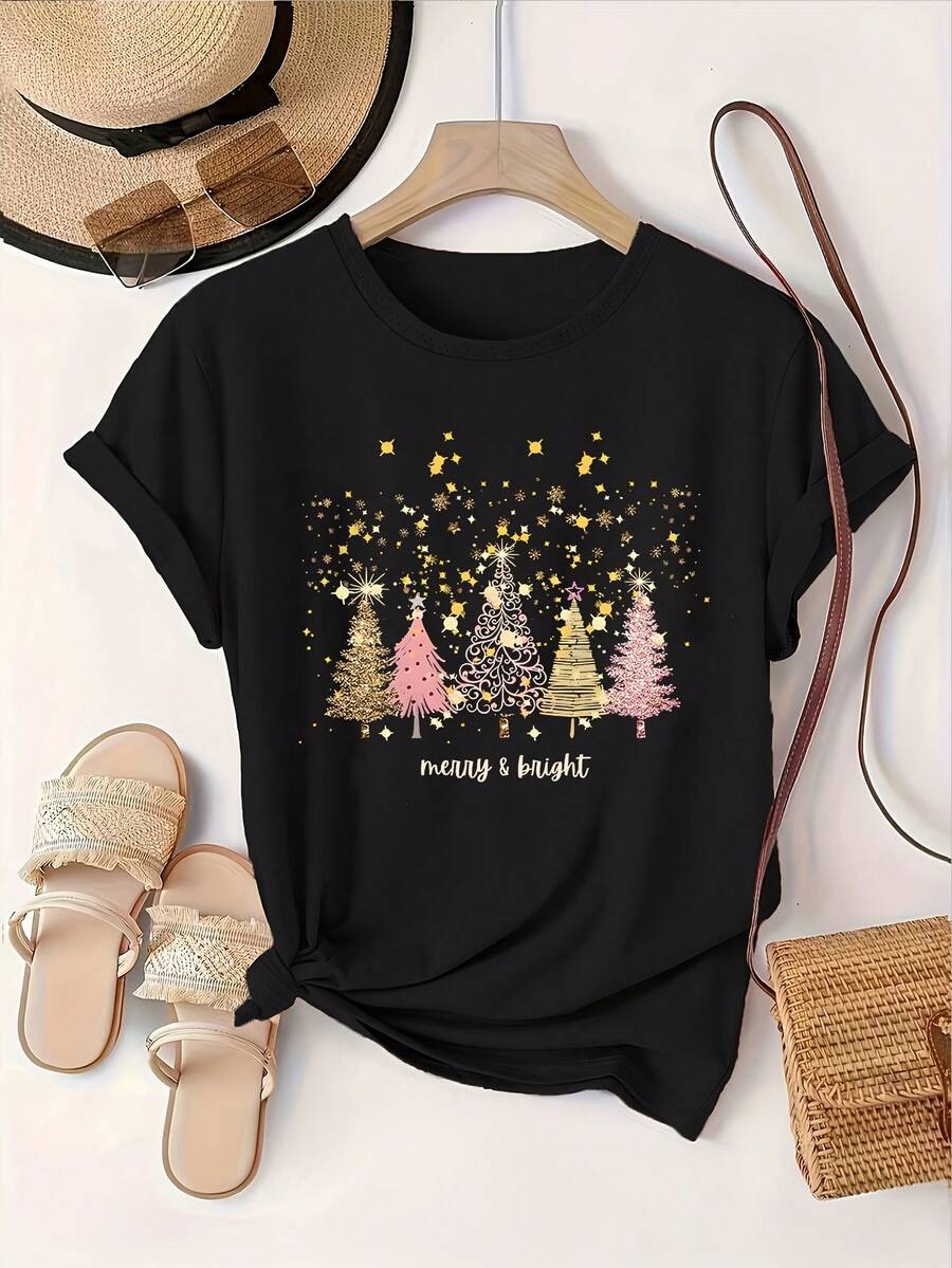 Women's Short Sleeve Cotton T-Shirt, Brightly Colored Merry Christmas Print T-Shirt, Casual Sweatshirt, Women's T-Shirt - 黑色 - 查看 1