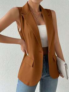 Blazer sin mangas de estilo elegante de color verde oliva para mujer, chaleco casual con solapa y botón en tela tejida lisa, corte regular - Café integral - Ver 5