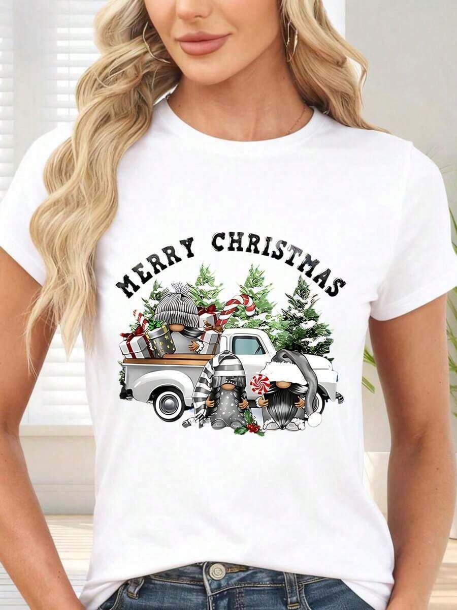 Gift Black Short Sleeve T-Shirt With Christmas Truck And Merry Christmas Print - Ideal For Parties And Winter Season. Suitable For Everyday, Casual Situations And Versatile To Combine. Soft - 白色的 - 查看 1
