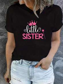 Camiseta Casual Rosa con Estampado de Corona y Letras para Hermanas, Cuello Redondo, Patrón Geométrico, Detalles de Bloques de Color para Todas las Temporadas, Corte Regular, Tallas de Mujer S-3. Nuevas llegadas de verano. - Negro - Ver 7