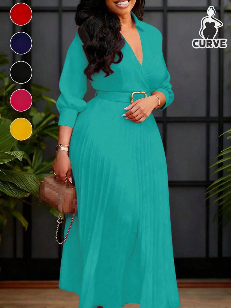 Plus Size Elegant Waist-Cinched Pleated Dress With Belt, Suitable For Spring/Summer, Formal Occasions, Weddings, Birthdays, And Teacher Outfits - Mint Green - View 1