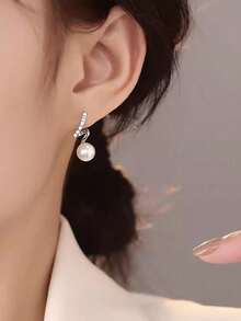 BALMORA 1 Đôi bông tai ngọc trai và đá Zirconia bằng bạc Sterling S925 thanh lịch, thiết kế hình vòng cung kiểu Pháp, mạ vàng, quà tặng trang sức dành cho phụ nữ. - Bạc - Xem 5