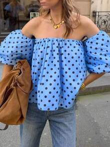 Nouvelle arrivée Élégante et à la mode Top à épaules dénudées à volants et manches à pétales à pois, convient pour le décontracté, les vacances, les sorties, les voyages d'été - Bleu azur - Voir 3