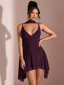 Vestido corto de gasa con escote en V profundo y cinta de color negro sólido, adecuado para citas diarias, salidas nocturnas, discotecas, fiestas, reuniones, fiestas de cóctel, monos de vacaciones, fiestas en la piscina, ropa de oficina, vestidos para ir y venir - Granada - Ver 7