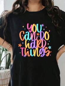 100% Cotton Blouses, T-Shirt With 'Test Day: You Can Do Hard Things' Print, Teacher Support T-Shirt For Test Day, Streetwear Graphic T-Shirt For Men And Women, Black Crew Neck, Holiday Tops - 黑色 - 查看 5