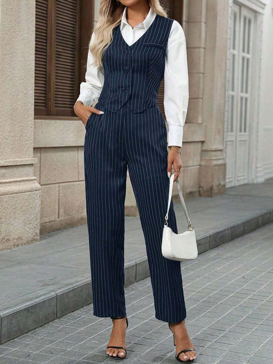 Conjunto de blusa con botones delanteros y pantalones casuales con bolsillo para mujer en otoño/invierno - Azul - Ver 1