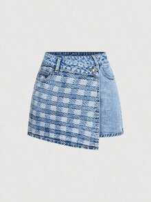 Minifalda vaquera casual y versátil para uso diario con bolsillos y decoración de botones para mujer - Azul - Ver 10
