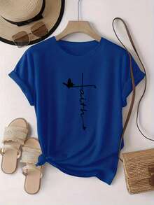 Camiseta suave 100% algodón. El diseño "faith" incorpora estampados de cruz cristiana y mariposa, con un cuello redondo sencillo y mangas cortas versátiles. Es una camiseta de algodón transpirable para mujer, ideal para uso casual, viajes, vacaciones y otras ocasiones. - Azul - Ver 4