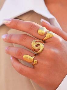 Uself 3 piezas/1 pieza Anillos de acero inoxidable para mujer, diseño texturizado moderno de cruce y gota, accesorios delicados para damas, amantes de la moda minimalista, anillos de mujer, joyería de mujer, marca occidental - Multicolor - Ver 4