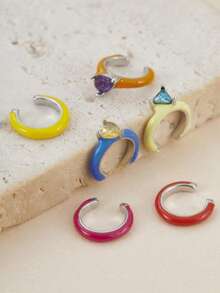 6 piezas de clips de oreja de arcoíris de esmalte colorido, sin perforación, con strass, aretes de estilo hip-hop, joyería versátil para uso diario, regalo para niñas - Multicolor - Ver 5